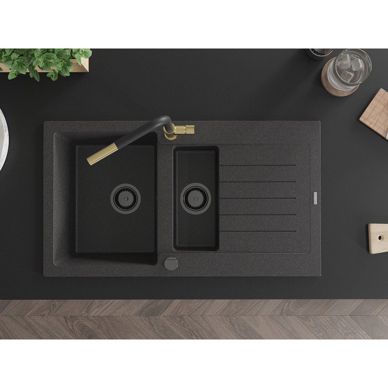 Mexen Matias гранитна мивка с 1,5 камери с отцедник и кухненски смесител Flora, черен с пръски - 6502-76-670401-57-B