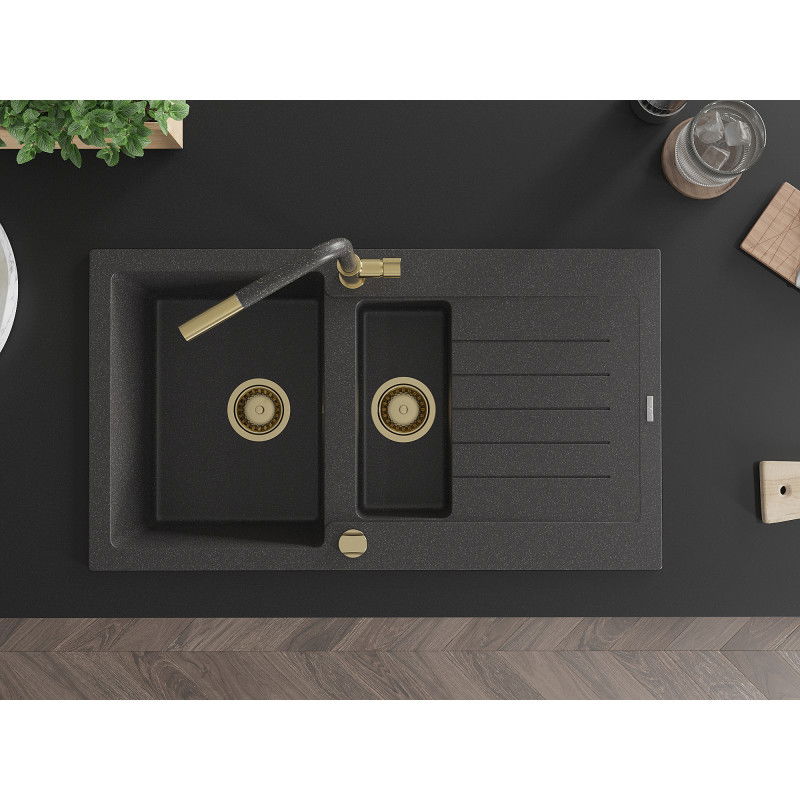 Mexen Matias гранитна мивка с 1,5 камери и отцедник и кухненски смесител Flora, черен напетнен - 6502-76-670401-75-G