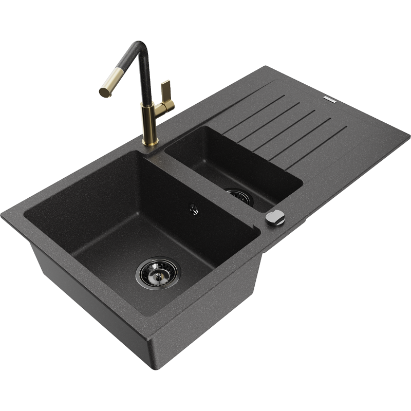 Mexen Matias гранитна мивка с 1,5 камери с отцедник и кухненски смесител Flora,