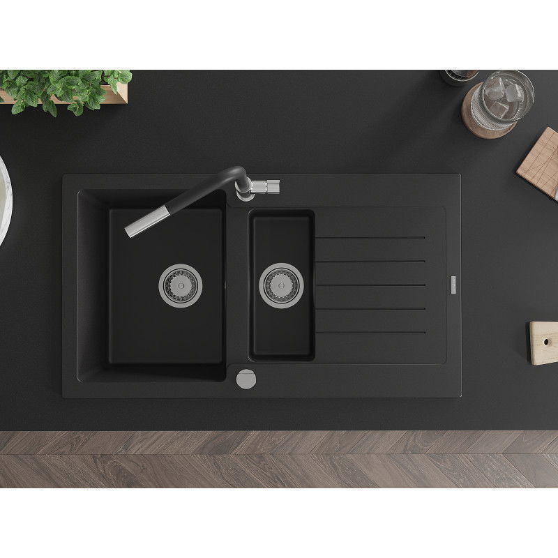 Mexen Matias Гранитна мивка с 1,5 камери с отцедник и кухненски смесител Flora, черна - 6502-77-670401-07