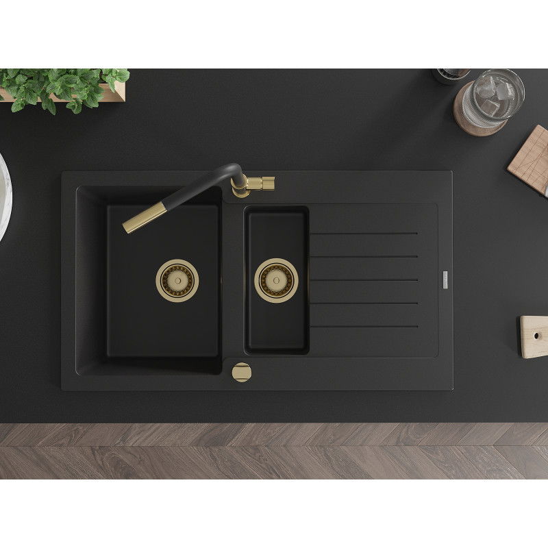 Mexen Matias гранитна мивка с 1,5 камери с отцедник и кухненски смесител Flora, черен - 6502-77-670401-57-G