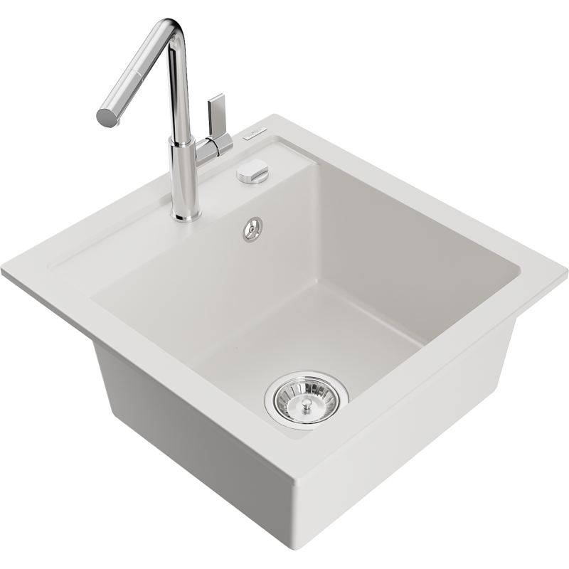 Mexen Vito гранитна мивка с 1 камера и кухненски смесител Flora, бял - 6503-20-670401-00