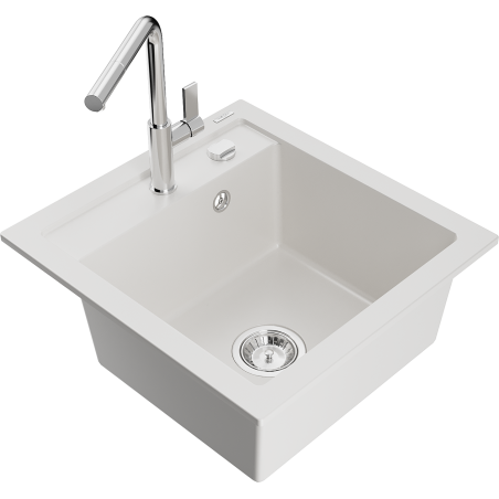 Mexen Vito гранитна мивка с 1 камера и кухненски смесител Flora, бял - 6503-20-670401-00