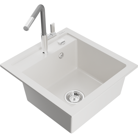 Mexen Vito гранитна мивка с 1 отделение с кухненски смесител Flora, бял - 6503-20-670401-06