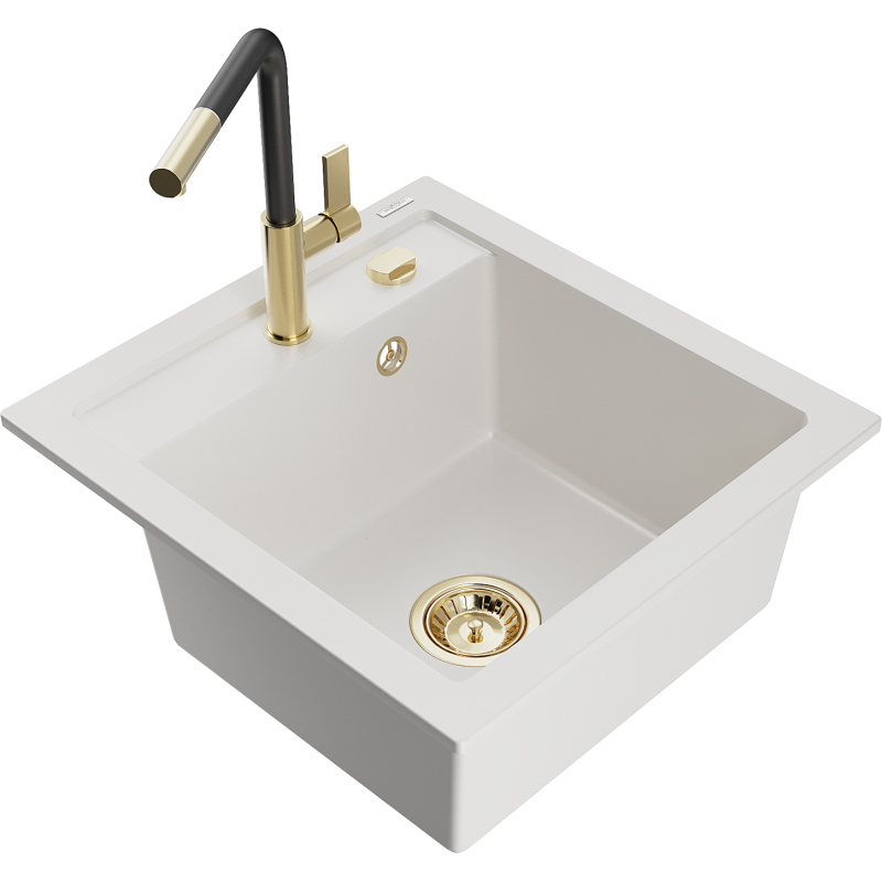 Mexen Vito гранитна мивка с 1 камера и кухненски смесител Flora, бял - 6503-20-670401-57-G
