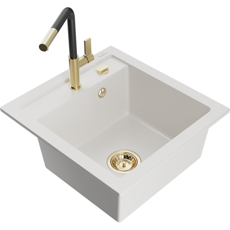 Mexen Vito гранитна мивка с 1 камера и кухненски смесител Flora, бял - 6503-20-670401-57-G