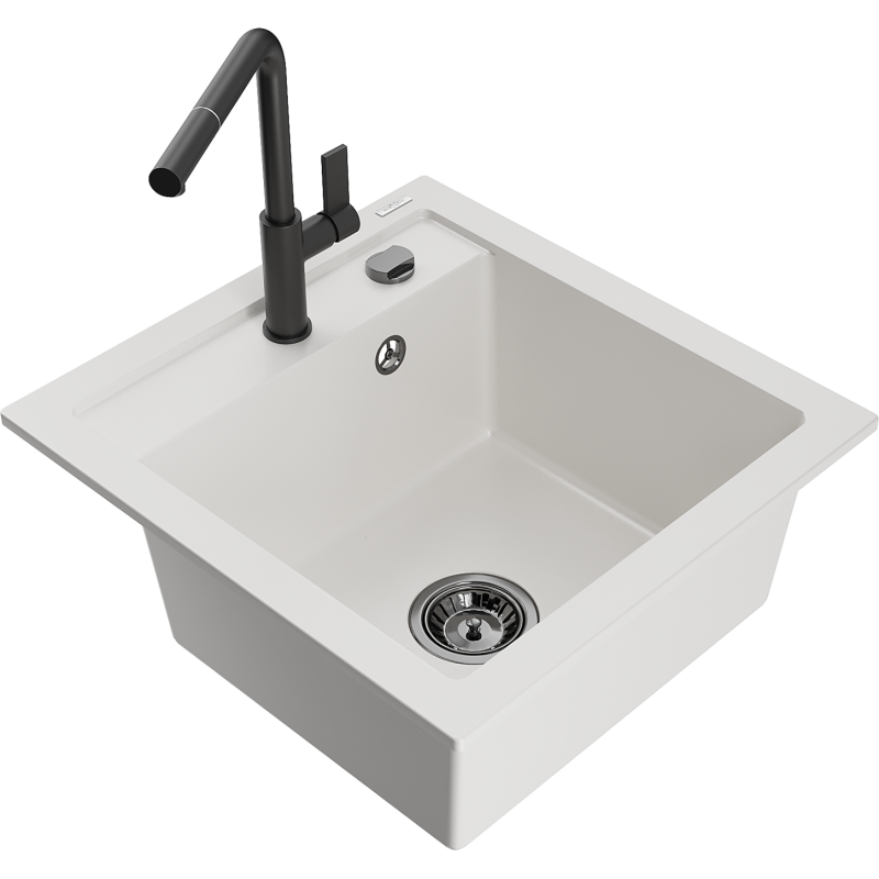 Mexen Vito гранитна мивка с 1 отделение с кухненски смесител Flora, бял - 6503-20-670401-70-B