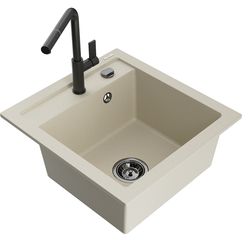 Mexen Vito гранитна кухненска мивка с 1 корито и кухненски смесител Flora, бежов - 6503-69-670401-70-B