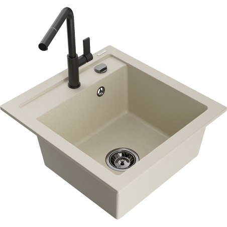 Mexen Vito гранитна кухненска мивка с 1 корито и кухненски смесител Flora, бежов - 6503-69-670401-70-B