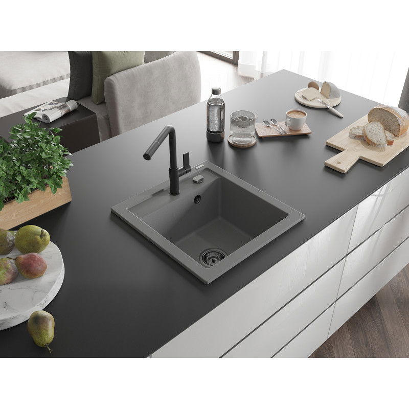 Mexen Vito гранитна кухненска мивка с една камера и кухненски смесител Flora, сив - 6503-71-670401-70-B