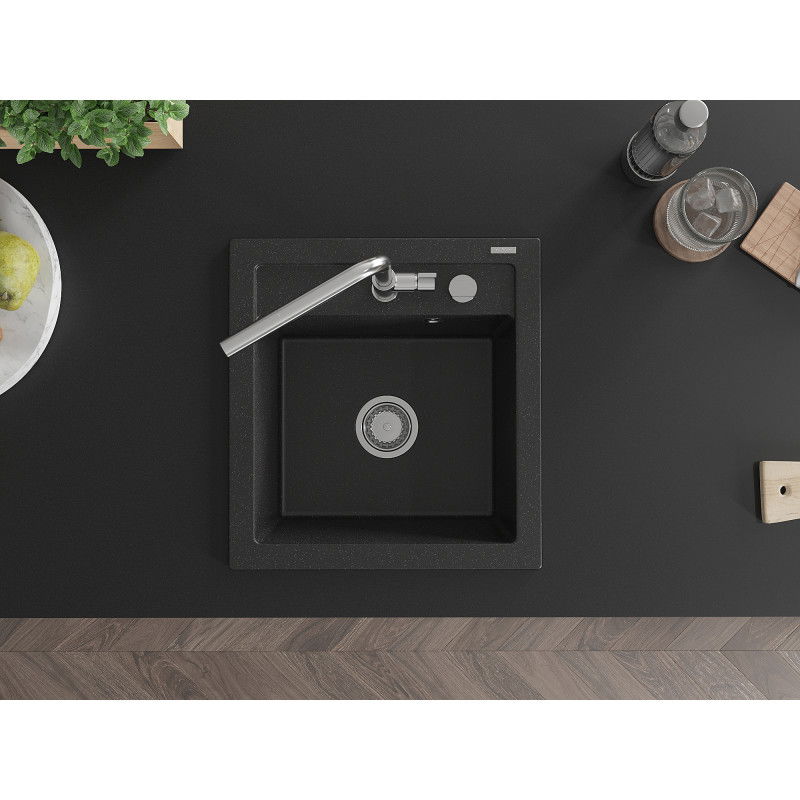 Mexen Vito гранитна мивка с 1 отделение и кухненски смесител Flora, черен/сребърен металик - 6503-73-670401-00