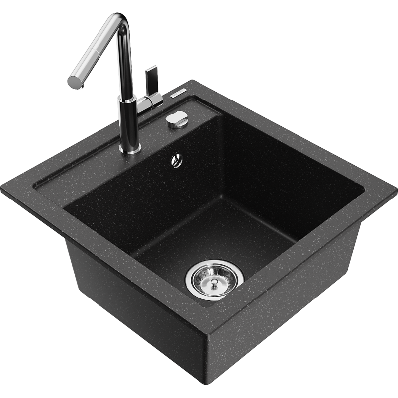 Mexen Vito гранитна мивка с 1 отделение и кухненски смесител Flora, черен/сребърен металик - 6503-73-670401-00