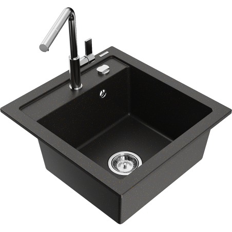 Mexen Vito еднокоморов гранитен мивка с кухненски смесител Flora, черен/златен металик - 6503-75-670401-00