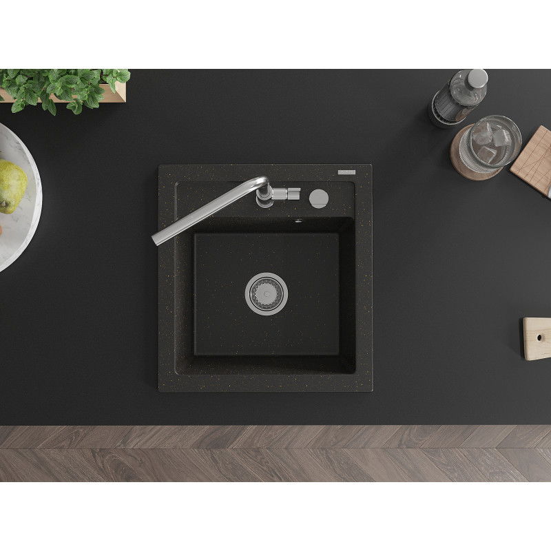 Mexen Vito еднокоморов гранитен мивка с кухненски смесител Flora, черен/златен металик - 6503-75-670401-00
