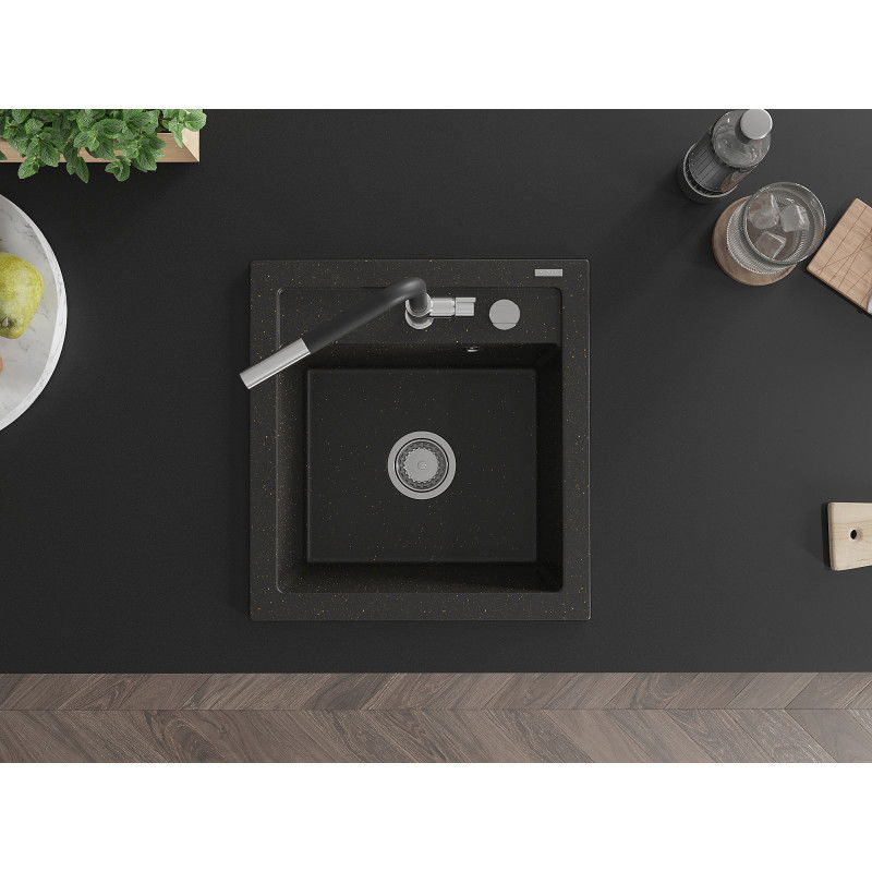 Mexen Vito гранитна мивка с 1 отделение с кухненски смесител Flora, черен/златист металик - 6503-75-670401-07