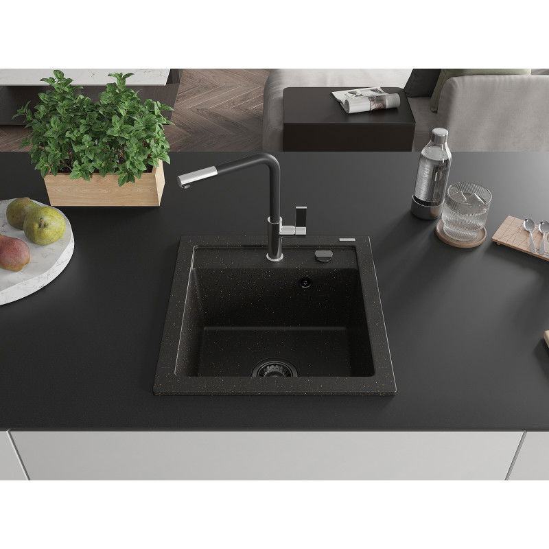 Mexen Vito гранитна мивка с 1 камера и кухненски смесител Flora, черен/златист металик - 6503-75-670401-07-B
