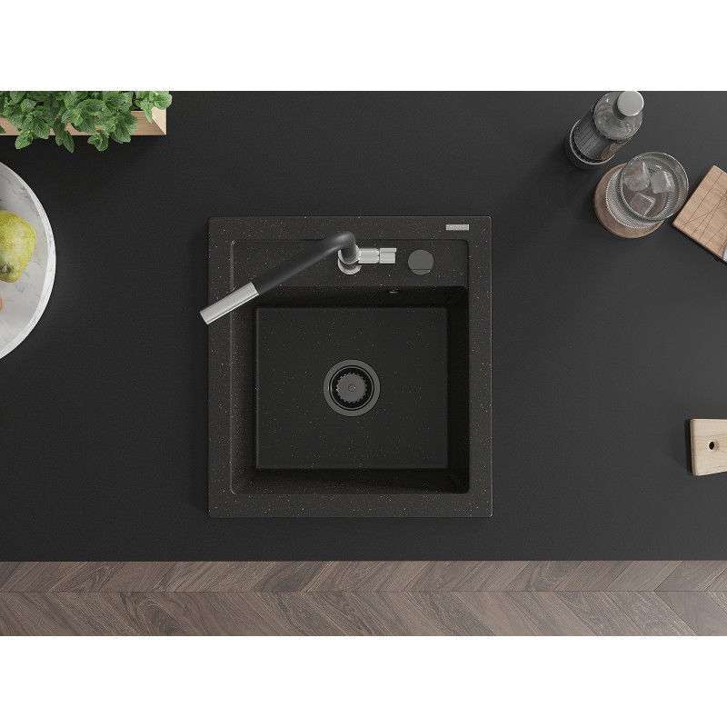Mexen Vito гранитна мивка с 1 камера и кухненски смесител Flora, черен/златист металик - 6503-75-670401-07-B