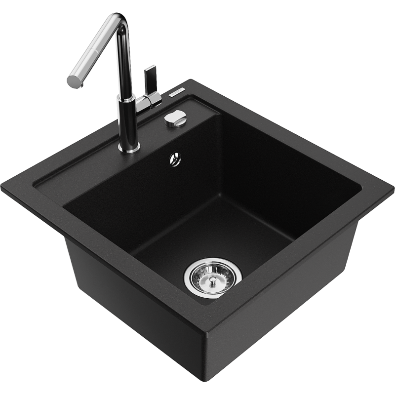 Mexen Vito гранитна кухненска мивка с 1 корито с кухненски смесител Flora, черен - 6503-77-670401-00