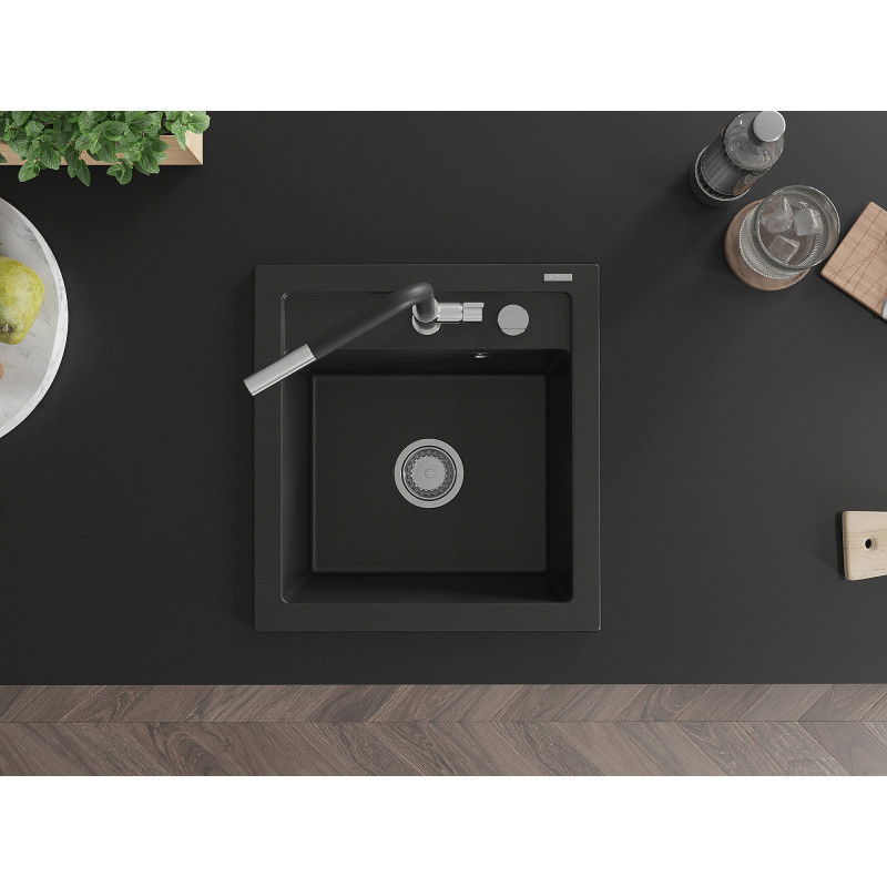 Mexen Vito гранитна кухненска мивка с 1 отделение и кухненски смесител Flora, черен - 6503-77-670401-07