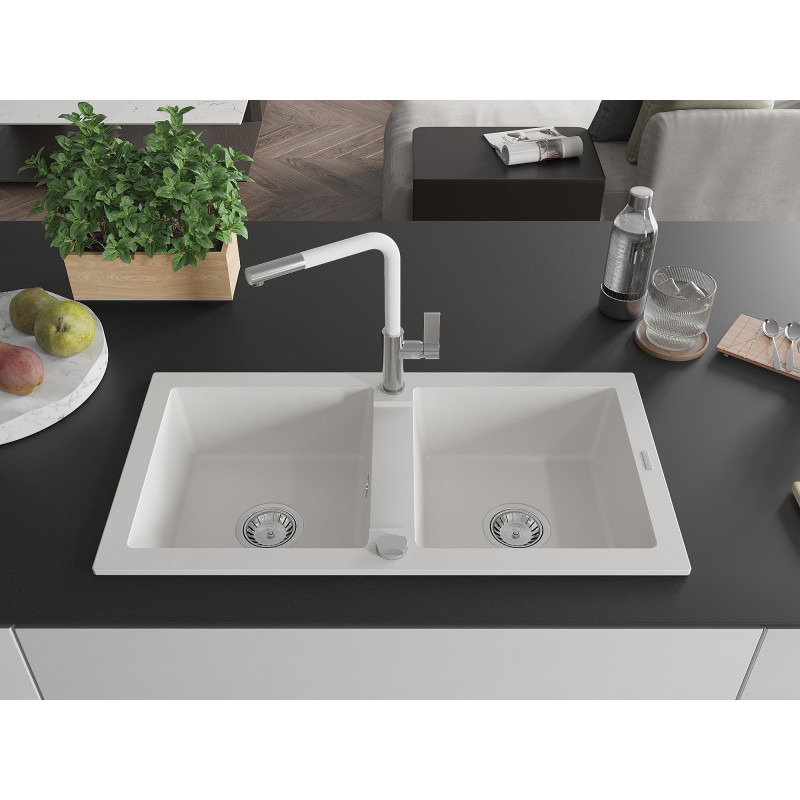 Mexen Mario гранитна мивка с 2 отделения с кухненски смесител Flora, бял