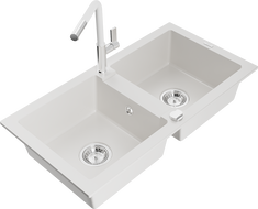Mexen Mario гранитна кухненска мивка с 2 отделения с кухненски смесител Flora, бял - 6504-20-670401-02
