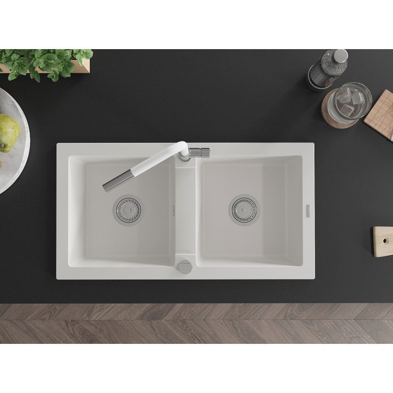 Mexen Mario гранитна кухненска мивка с 2 отделения с кухненски смесител Flora, бял - 6504-20-670401-02