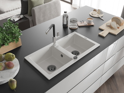 Mexen Mario гранитна мивка с 2 отделения и кухненски смесител Flora, бял - 6504-20-670401-07-B