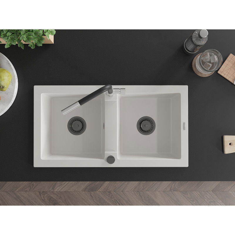 Mexen Mario гранитна мивка с 2 отделения и кухненски смесител Flora, бял - 6504-20-670401-07-B