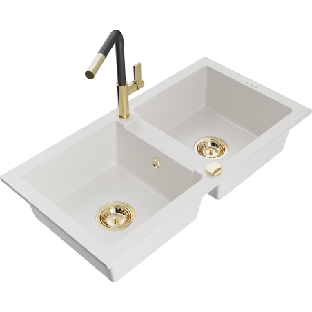 Mexen Mario гранитна мивка с 2 отделения с кухненски смесител Flora, бял