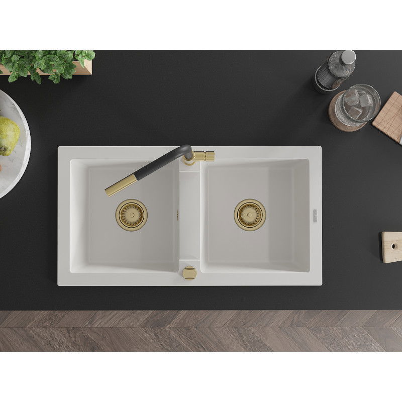 Mexen Mario гранитна мивка с 2 отделения с кухненски смесител Flora, бял