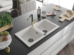 Mexen Mario двоен гранитен мивка с кухненски смесител Flora, бял - 6504-20-670401-57-B