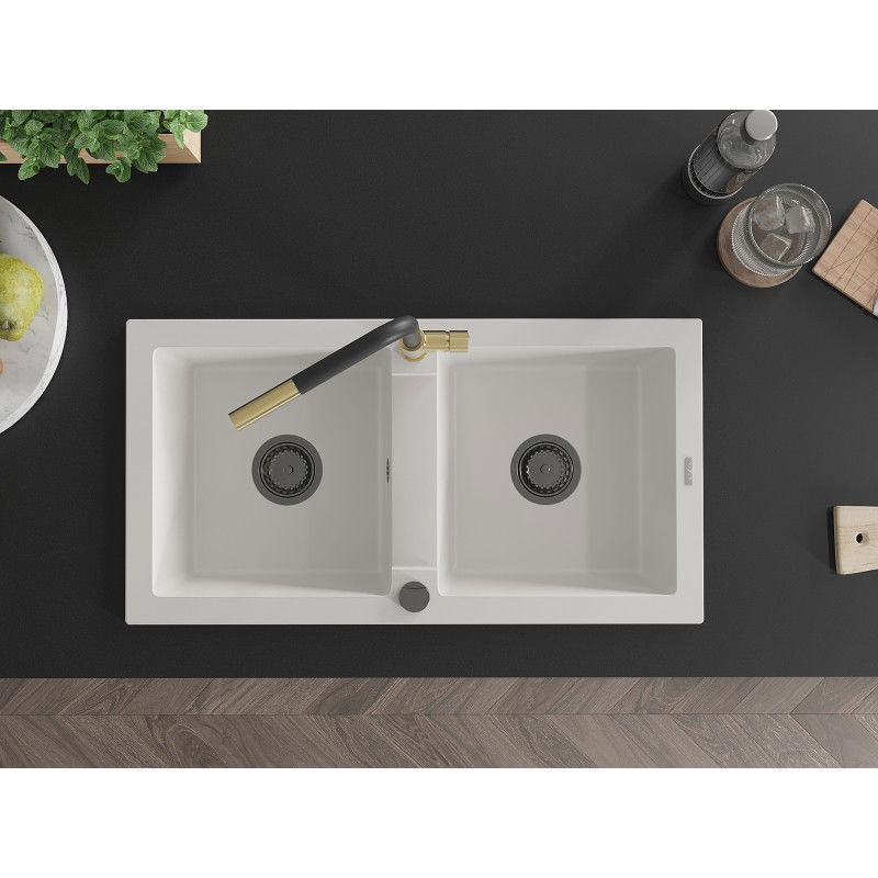 Mexen Mario двоен гранитен мивка с кухненски смесител Flora, бял - 6504-20-670401-57-B