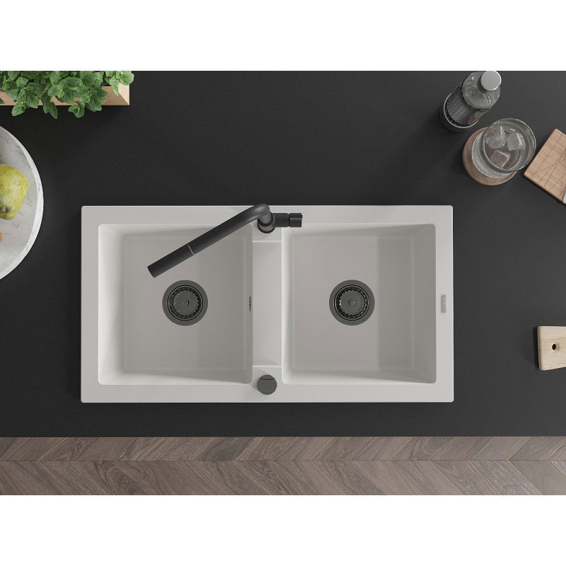 Mexen Mario Гранитна мивка с 2 камери и кухненски смесител Flora, бяла - 6504-20-670401-70-B