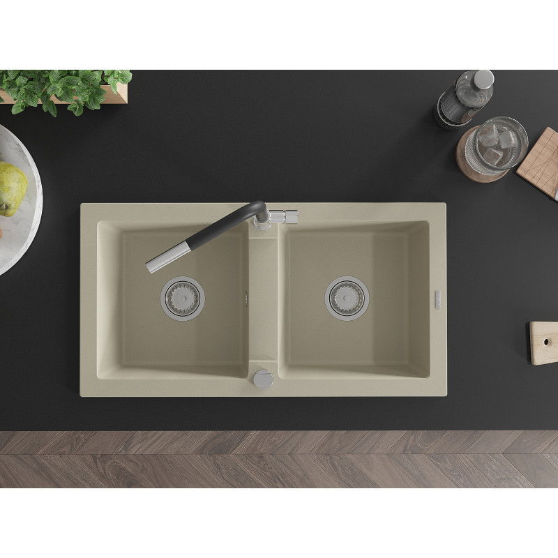 Mexen Mario гранитна мивка с 2 отделения и кухненски смесител Flora, бежов - 6504-69-670401-07