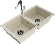 Mexen Mario двоен кухненски мивка с батерия Flora, бежов - 6504-69-670401-07-B