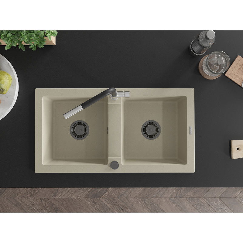 Mexen Mario двоен кухненски мивка с батерия Flora, бежов - 6504-69-670401-07-B