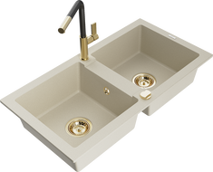 Mexen Mario гранитна мивка с 2 отделения с кухненски смесител Flora, бежов - 6504-69-670401-57-G