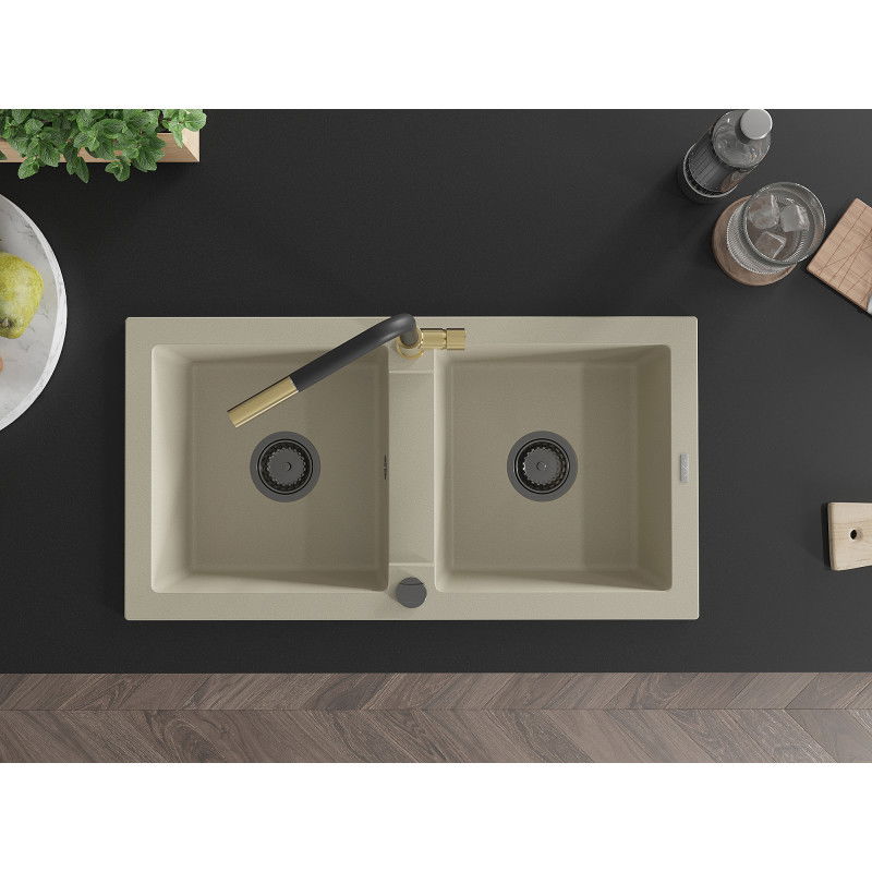 Mexen Mario гранитна кухненска мивка с два басейна и кухненски смесител Flora, бежов - 6504-69-670401-57-B