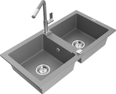 Mexen Mario мивка от гранит с 2 камери с кухненски смесител Flora, сив - 6504-71-670401-06