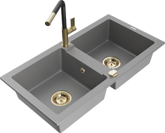 Mexen Mario гранитна мивка с 2 камери и кухненски смесител Flora, сив - 6504-71-670401-57-G