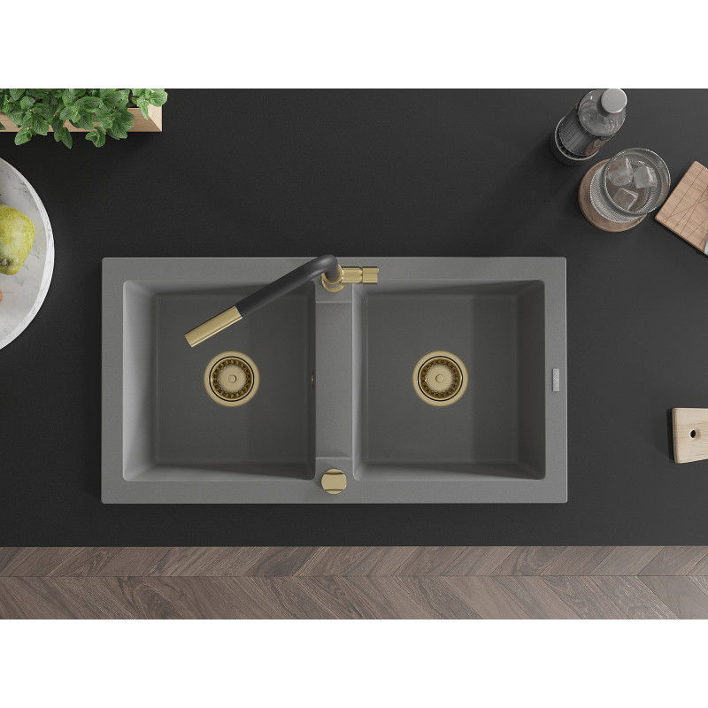 Mexen Mario гранитна мивка с 2 камери и кухненски смесител Flora, сив - 6504-71-670401-57-G