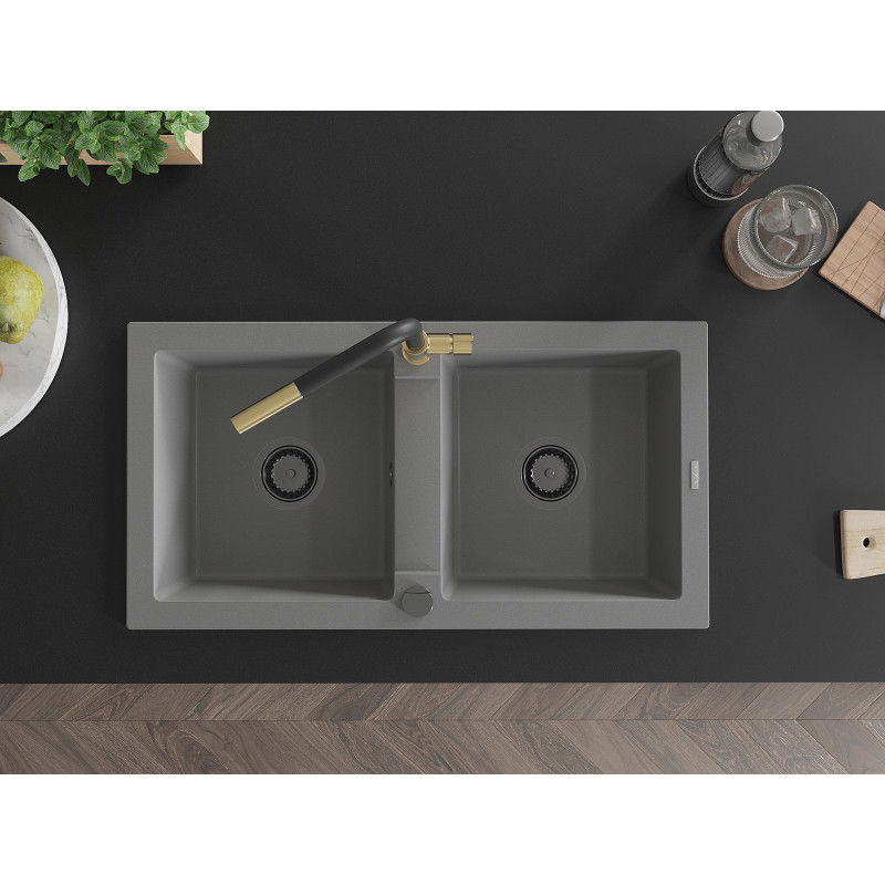 Mexen Mario гранитна мивка с 2 камери с кухненски смесител Flora, сив - 6504-71-670401-57-B