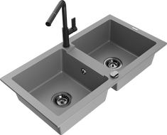 Mexen Mario гранитна мивка с 2 камери с кухненски смесител Flora, сив - 6504-71-670401-70-B