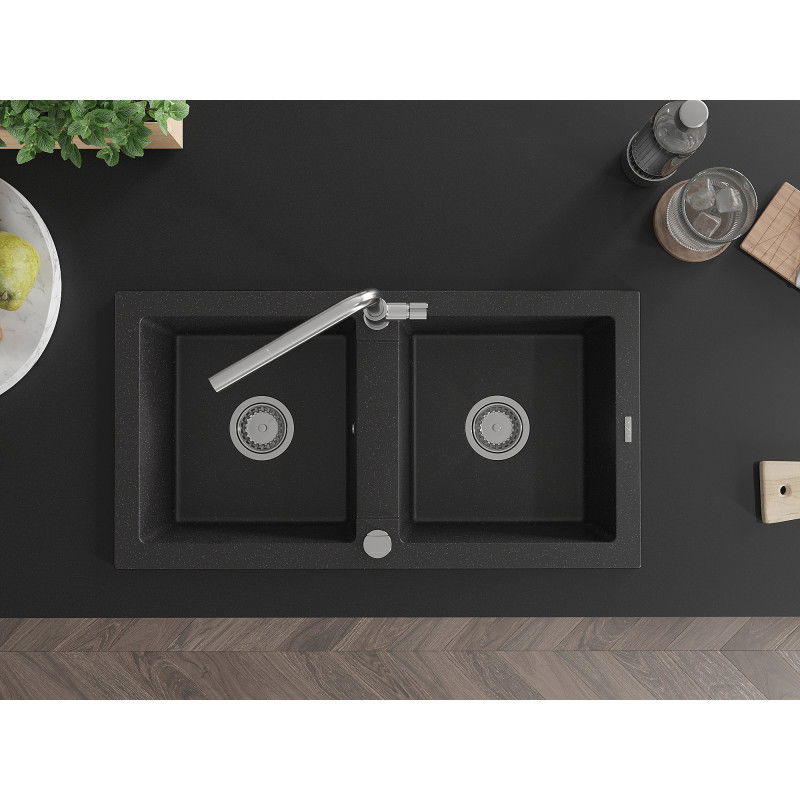 Mexen Mario гранитна мивка с две купи и кухненски смесител Flora, черен/сребърен металик - 6504-73-670401-00