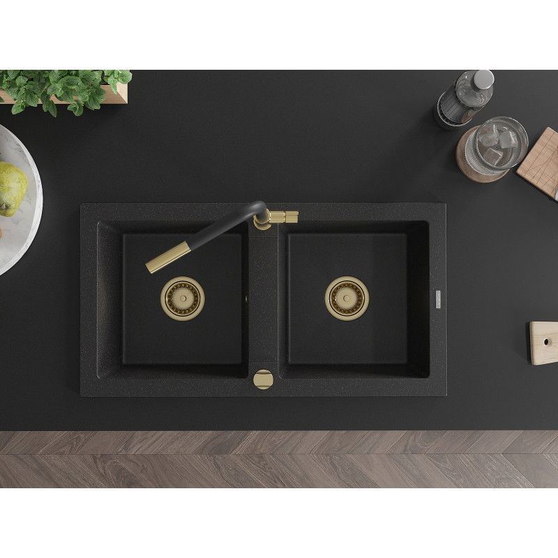 Mexen Mario двоен мивка от гранит с кухненски кран Flora, черен/сребърен металик - 6504-73-670401-57-G