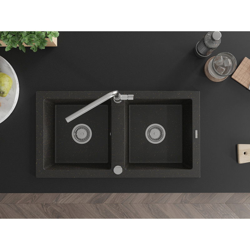 Mexen Mario двоен кухненски гранитен мивка с кухненски смесител Flora, черен/златен металик - 6504-75-670401-00