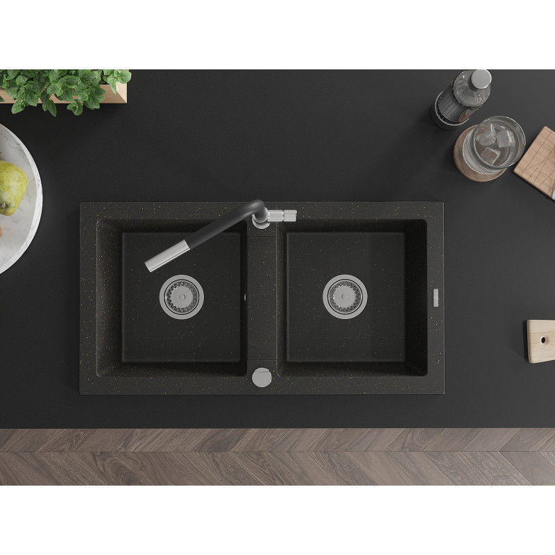 Mexen Mario гранитна мивка с 2 отделения с кухненски смесител Flora, черен/златист металик - 6504-75-670401-07