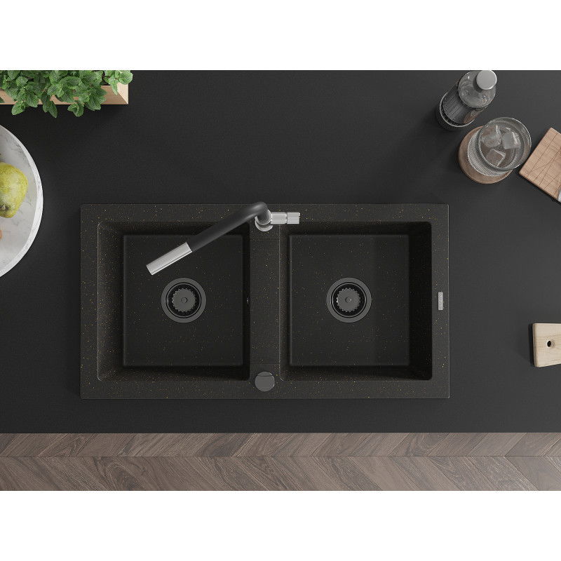 Mexen Mario гранитна мивка с 2 камери и кухненски смесител Flora, черен/златен металик - 6504-75-670401-07-B