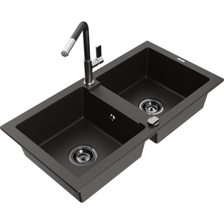 Mexen Mario гранитна мивка с две камери с кухненски смесител Flora,
