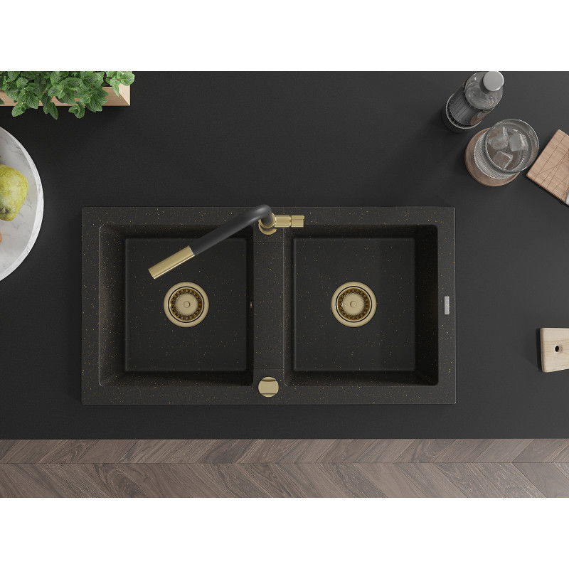 Mexen Mario двоен гранитен мивка с кухненски смесител Flora, черен/златен металик - 6504-75-670401-57-G